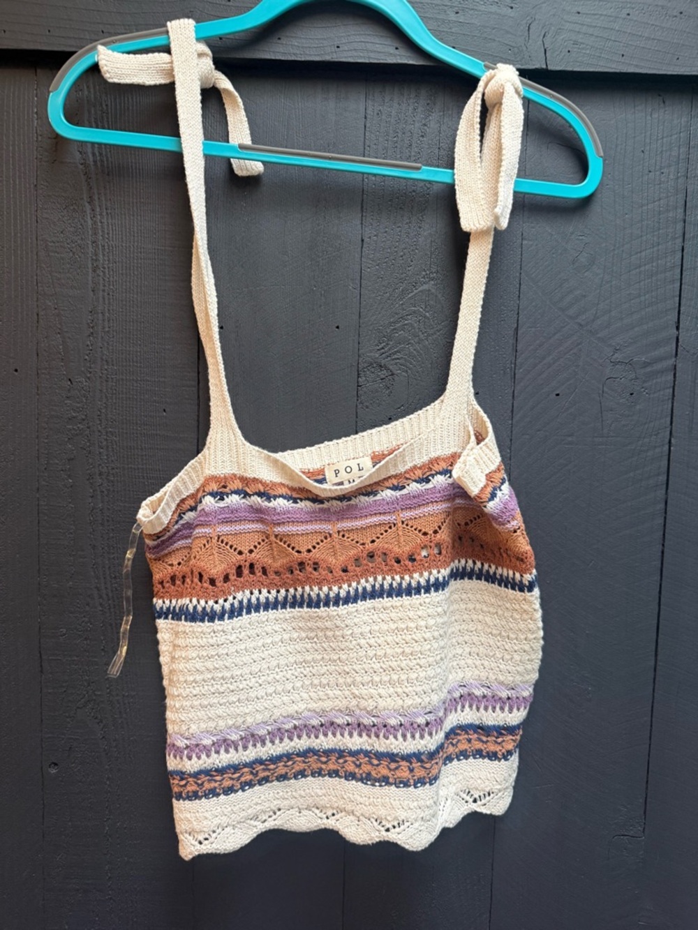 POL Crochet Knit Tie-Shoulder Tank in Cream, Brown, Purple, Blue